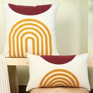 20"x12" Rust Mustard Gold Boho Modern Tufted Embroidered Throw Pillow Cover New
